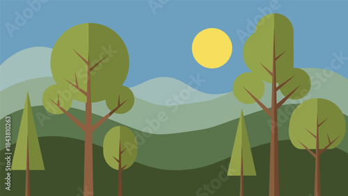 Modern flat vector forest landscape with stylized trees and layered hills in solid natural colors, ideal for nature prints, branding assets, backgrounds, and environmental projects