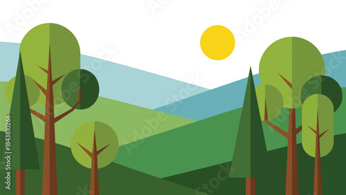 Modern flat vector forest landscape with stylized trees and layered hills in solid natural colors, ideal for nature prints, branding assets, backgrounds, and environmental projects