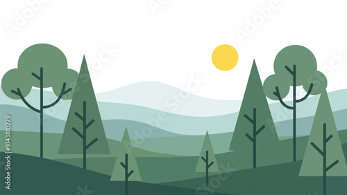 Modern flat vector forest landscape with stylized trees and layered hills in solid natural colors, ideal for nature prints, branding assets, backgrounds, and environmental projects