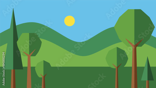 Modern flat vector forest landscape with stylized trees and layered hills in solid natural colors, ideal for nature prints, branding assets, backgrounds, and environmental projects