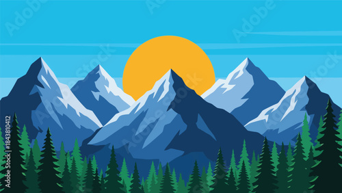 Minimal flat vector mountain scene with pine trees and rising sun in solid muted tones, ideal for posters, wallpapers, branding elements, and outdoor-themed visual assets
