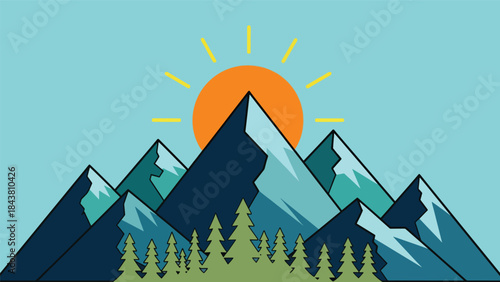 Minimal flat vector mountain scene with pine trees and rising sun in solid muted tones, ideal for posters, wallpapers, branding elements, and outdoor-themed visual assets