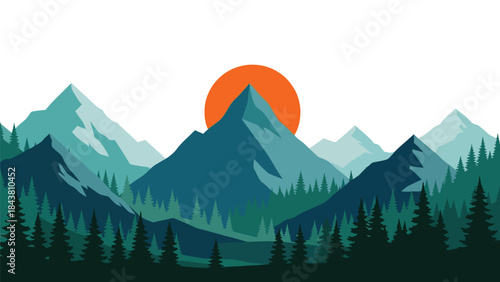 Minimal flat vector mountain scene with pine trees and rising sun in solid muted tones, ideal for posters, wallpapers, branding elements, and outdoor-themed visual assets