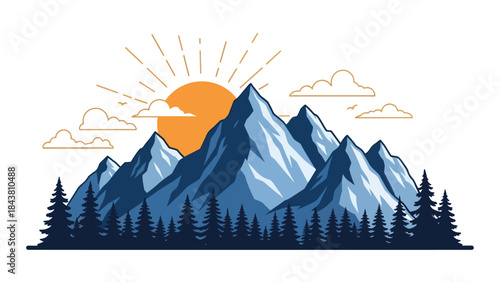 Minimal flat vector mountain scene with pine trees and rising sun in solid muted tones, ideal for posters, wallpapers, branding elements, and outdoor-themed visual assets