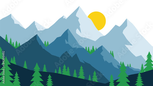 Minimal flat vector mountain scene with pine trees and rising sun in solid muted tones, ideal for posters, wallpapers, branding elements, and outdoor-themed visual assets