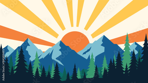 Minimal flat vector mountain scene with pine trees and rising sun in solid muted tones, ideal for posters, wallpapers, branding elements, and outdoor-themed visual assets