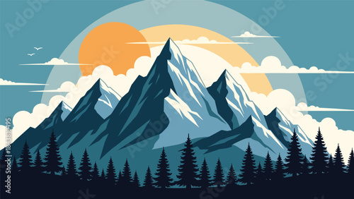 Minimal flat vector mountain scene with pine trees and rising sun in solid muted tones, ideal for posters, wallpapers, branding elements, and outdoor-themed visual assets