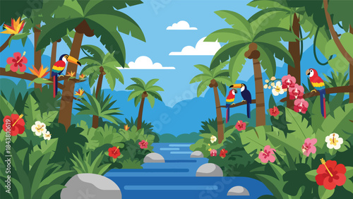 Stylized flat tropical jungle with oversized leaf silhouettes and bold solid colors, ideal for decorative prints, packaging, editorial layouts, and nature-inspired branding