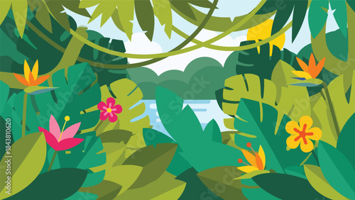 Stylized flat tropical jungle with oversized leaf silhouettes and bold solid colors, ideal for decorative prints, packaging, editorial layouts, and nature-inspired branding