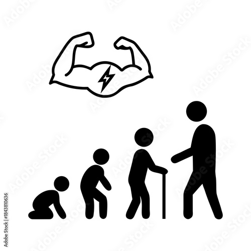 Human life cycle from baby to old age with symbol of strength