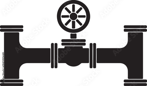 Black and white of a pressure gauge connected to a pipe system with valves also transparent background