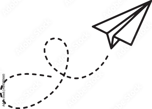 Black and white paper airplane flying over a dashed infinity symbol with transparent background also transparent background