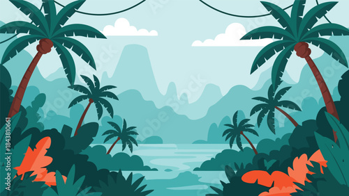 Stylized flat tropical jungle with oversized leaf silhouettes and bold solid colors, ideal for decorative prints, packaging, editorial layouts, and nature-inspired branding