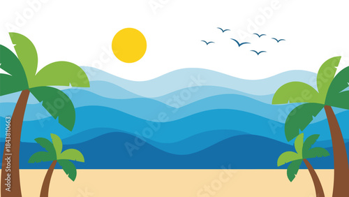 Calm flat vector seascape with layered waves, sun, and soft geometric curves in solid colors, ideal for coastal posters, meditation visuals, branding, and minimalist decor