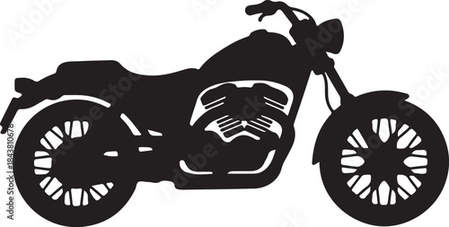 Black and white silhouette of a detailed motorcycle with visible engine components and wheels also transparent background