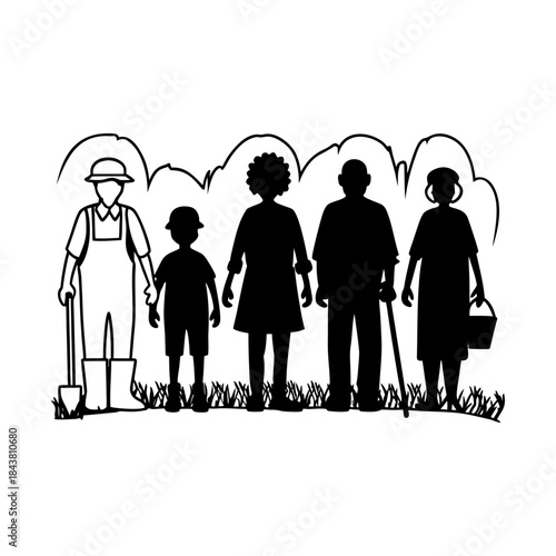 Diverse family group standing together in a garden setting