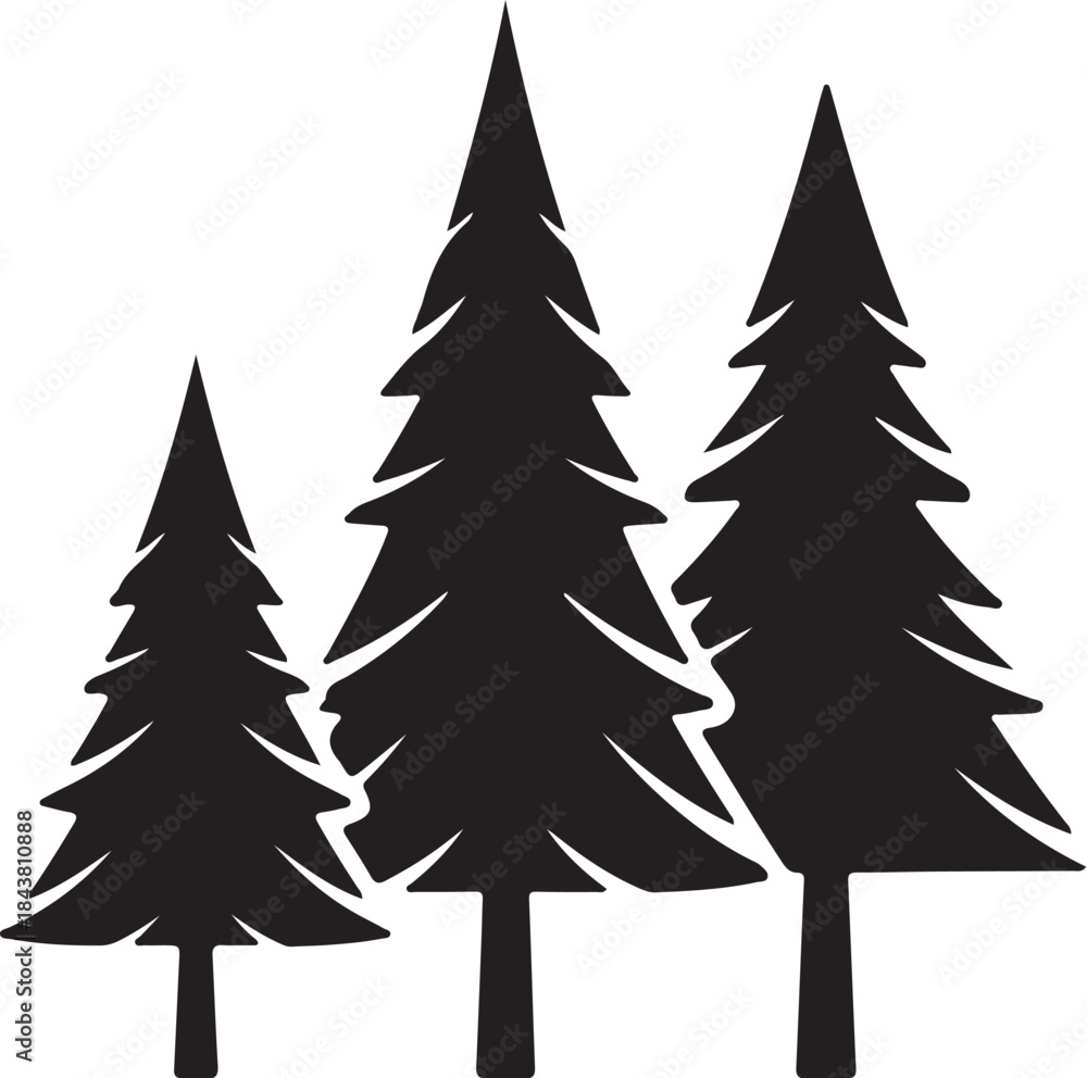 Obraz premium Three Black Silhouette Pine Trees on White Background also transparent background