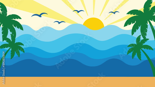 Calm flat vector seascape with layered waves, sun, and soft geometric curves in solid colors, ideal for coastal posters, meditation visuals, branding, and minimalist decor