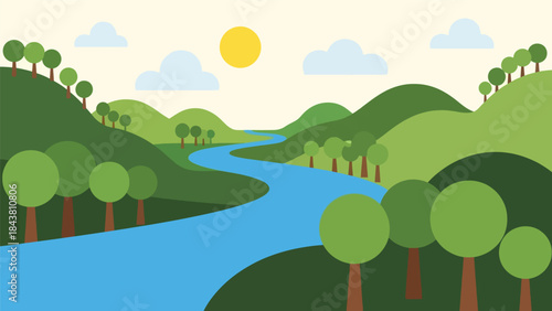 Flat vector river landscape with winding water, hills, and trees in solid natural colors, ideal for outdoor posters, calm scenery visuals, branding, and nature-inspired artwork
