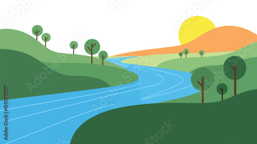 Flat vector river landscape with winding water, hills, and trees in solid natural colors, ideal for outdoor posters, calm scenery visuals, branding, and nature-inspired artwork