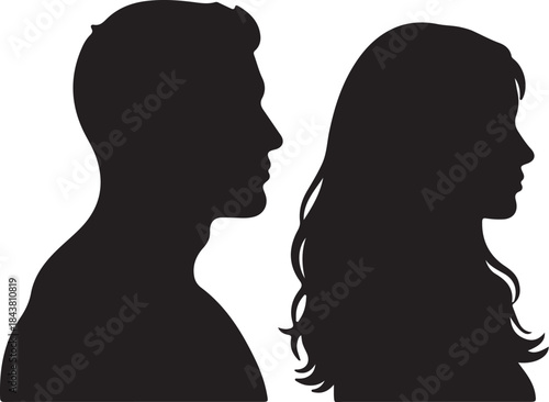 Silhouettes of a man and woman facing away from each other with long hair and short hair respectively also transparent background