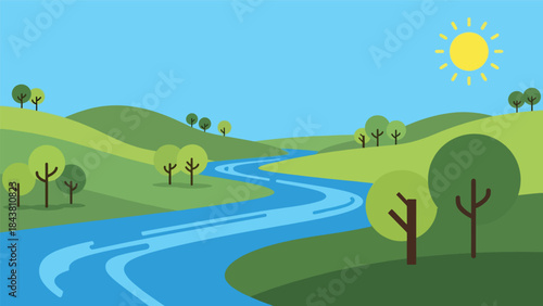 Flat vector river landscape with winding water, hills, and trees in solid natural colors, ideal for outdoor posters, calm scenery visuals, branding, and nature-inspired artwork