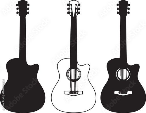 Three black and white guitar silhouettes with different body shapes and sound holes also transparent background
