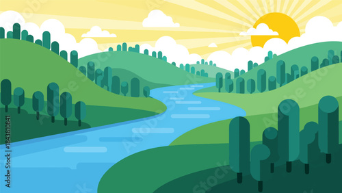 Flat vector river landscape with winding water, hills, and trees in solid natural colors, ideal for outdoor posters, calm scenery visuals, branding, and nature-inspired artwork