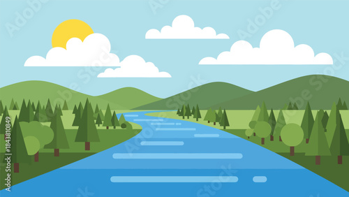 Flat vector river landscape with winding water, hills, and trees in solid natural colors, ideal for outdoor posters, calm scenery visuals, branding, and nature-inspired artwork