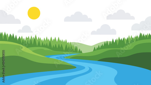 Flat vector river landscape with winding water, hills, and trees in solid natural colors, ideal for outdoor posters, calm scenery visuals, branding, and nature-inspired artwork