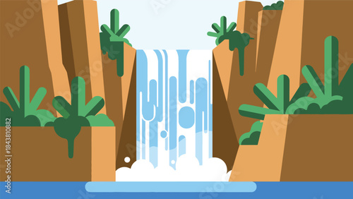 Modern flat vector waterfall landscape with cliffs, plants, and flowing shapes in solid cool tones, ideal for nature posters, relaxation visuals, and clean scenic illustrations