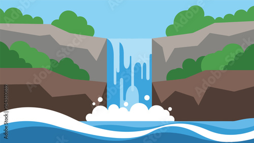 Modern flat vector waterfall landscape with cliffs, plants, and flowing shapes in solid cool tones, ideal for nature posters, relaxation visuals, and clean scenic illustrations