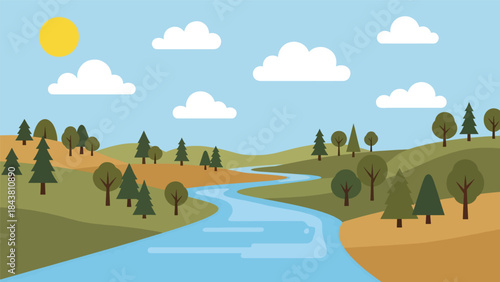 Flat vector river landscape with winding water, hills, and trees in solid natural colors, ideal for outdoor posters, calm scenery visuals, branding, and nature-inspired artwork
