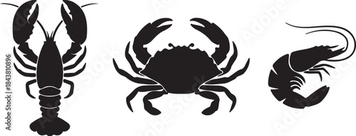 Three black silhouettes of crustaceans including a lobster, crab, and shrimp on a white background also transparent background