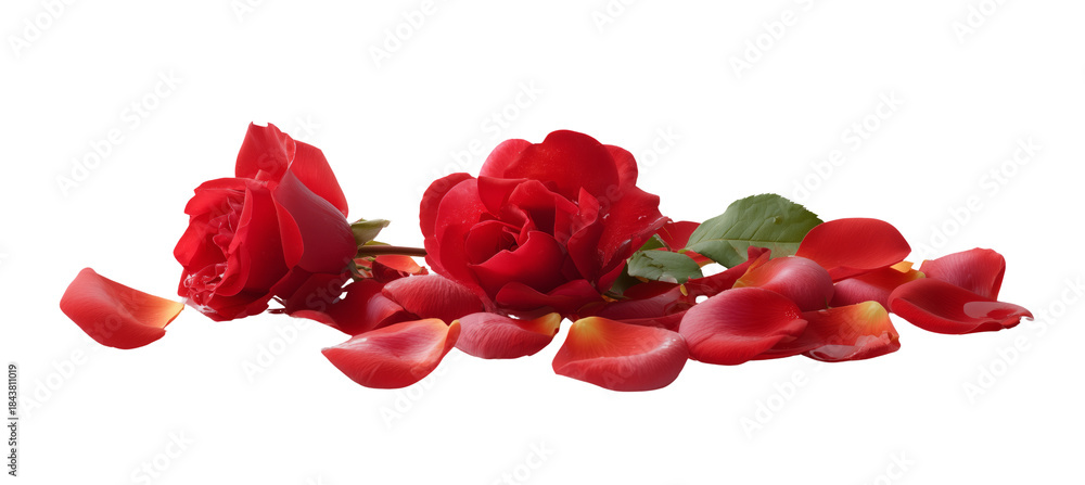 Fototapeta premium Romantic red roses and petals on transparent background for love and beauty projects