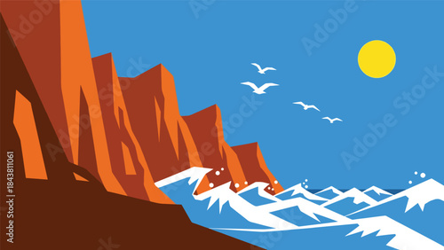 Flat vector coastal cliffs with waves, sun, and geometric rock formations in solid marine tones, ideal for travel posters, editorial layouts, branding, and nature-themed decor