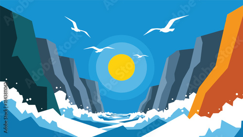 Flat vector coastal cliffs with waves, sun, and geometric rock formations in solid marine tones, ideal for travel posters, editorial layouts, branding, and nature-themed decor