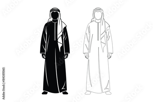 Traditional arabic man clothing illustration black and white silhouette and line art