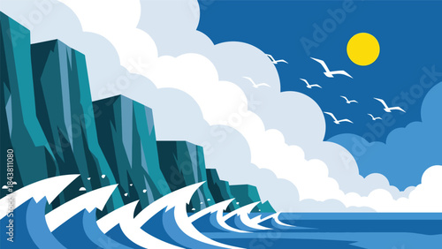 Flat vector coastal cliffs with waves, sun, and geometric rock formations in solid marine tones, ideal for travel posters, editorial layouts, branding, and nature-themed decor