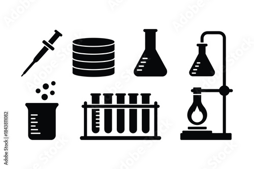 A collection of various laboratory equipment icons for science and chemical experiments