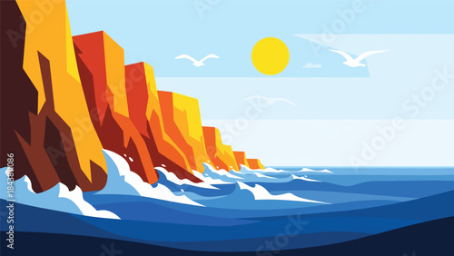 Flat vector coastal cliffs with waves, sun, and geometric rock formations in solid marine tones, ideal for travel posters, editorial layouts, branding, and nature-themed decor