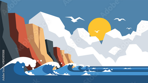 Flat vector coastal cliffs with waves, sun, and geometric rock formations in solid marine tones, ideal for travel posters, editorial layouts, branding, and nature-themed decor