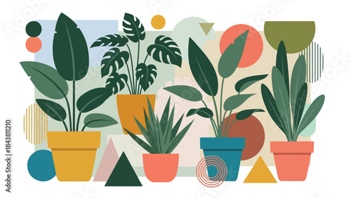 Modern flat botanical still life with potted plants, leaf shapes, and simple geometric forms in solid tones, ideal for home decor, editorial graphics, packaging, and modern branding