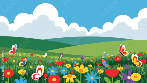 Bright flat vector meadow scene with flowers, butterflies, and rolling hills in solid colors, ideal for spring graphics, children’s illustrations, posters, and cheerful nature visuals