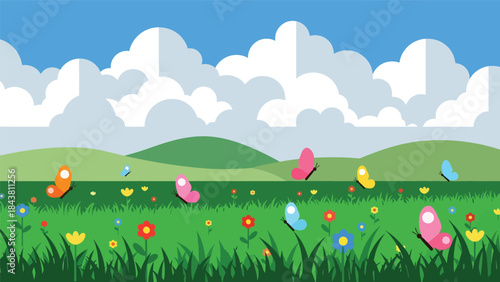 Bright flat vector meadow scene with flowers, butterflies, and rolling hills in solid colors, ideal for spring graphics, children’s illustrations, posters, and cheerful nature visuals