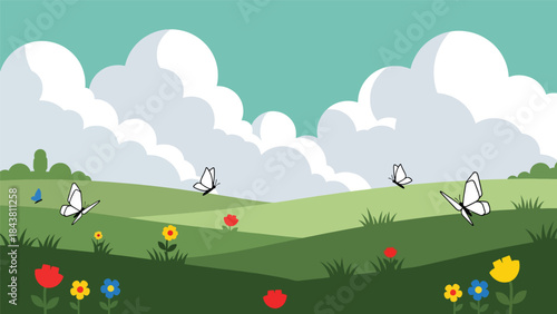 Bright flat vector meadow scene with flowers, butterflies, and rolling hills in solid colors, ideal for spring graphics, children’s illustrations, posters, and cheerful nature visuals