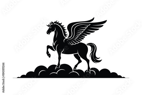 Elegant black silhouette of a mythical pegasus with majestic wings standing on a bed of clouds