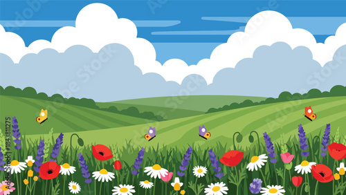 Bright flat vector meadow scene with flowers, butterflies, and rolling hills in solid colors, ideal for spring graphics, children’s illustrations, posters, and cheerful nature visuals