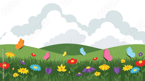 Bright flat vector meadow scene with flowers, butterflies, and rolling hills in solid colors, ideal for spring graphics, children’s illustrations, posters, and cheerful nature visuals