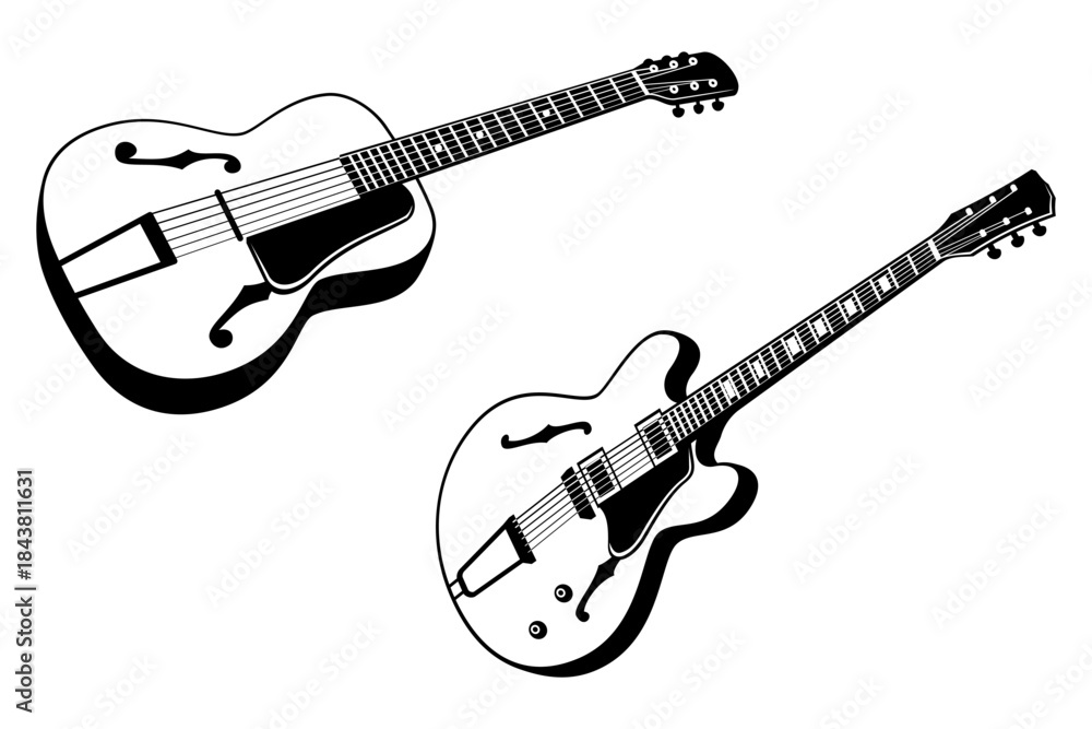 Fototapeta premium Retro Electric and Acoustic Guitars. Black and white vector cliparts isolated on white.